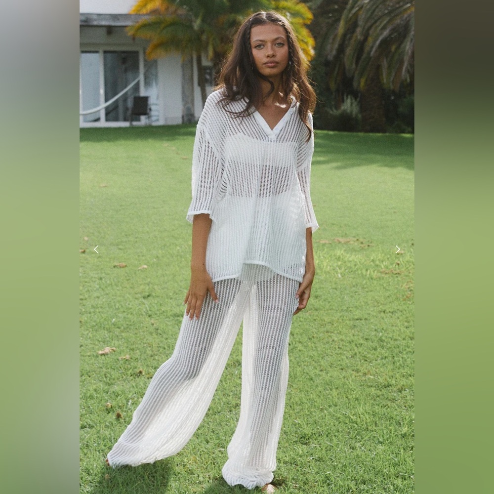 RUNAWAY THE LABEL ZAYDEN CROCHET TOP AND PANTS SET  - WHITE - SIZE XL